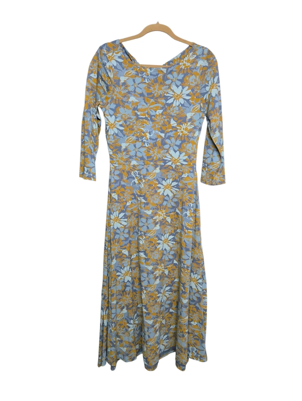 Pact Scarlett Open-Back Midi Dress Mustard Yellow & Blue Floral Pattern Sz M - Picture 2 of 9